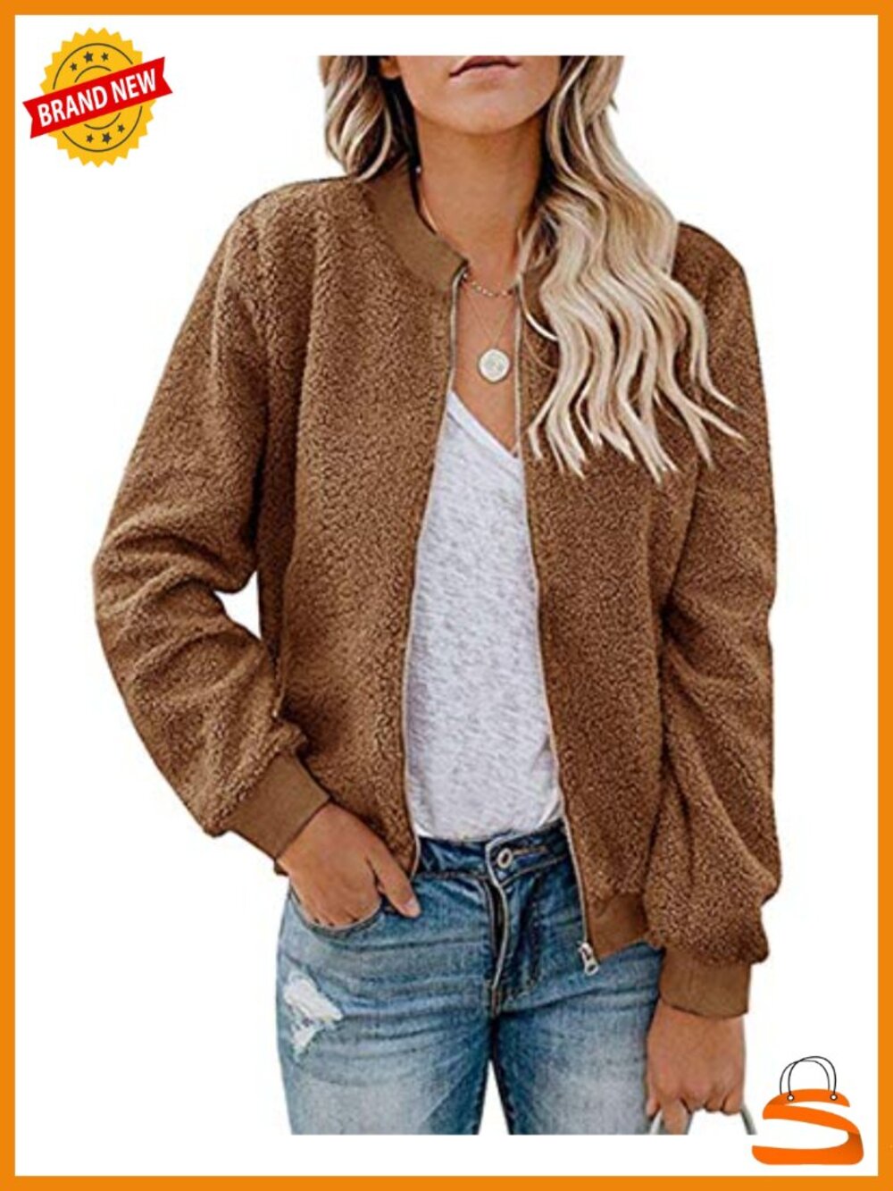 Fleece Bomber Jacket Sherpa Zip Up Loose Fit Casual Winter Coat